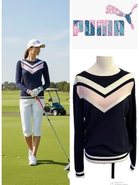PUMA Golf Women's Chevron Sweater Navy Blue Pink White EUC XL Fits Med